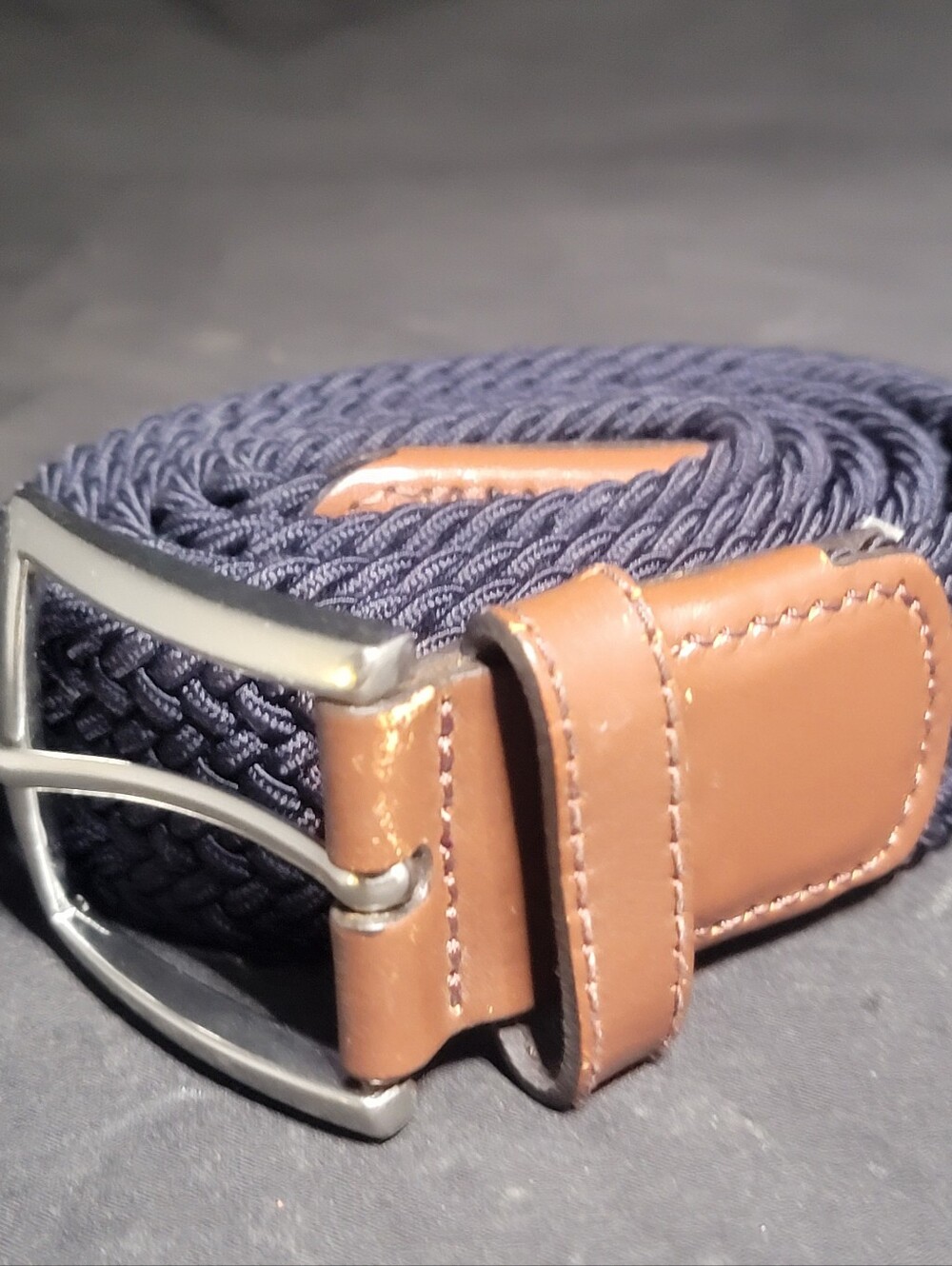 Men's Navy Braided Belt with Brown Leather Trim